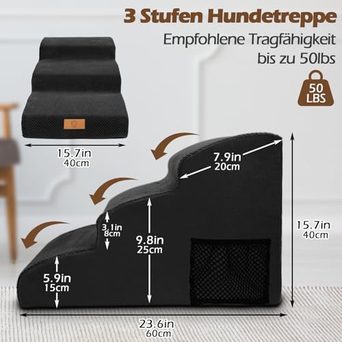 Eukue Hundetreppe 3 Stufen, Hundetreppen für Kleine Hunde und Katzen, Tragbare Hunderampe für Bett und Sofa, Hochdichtem Schaum Haustiertreppe mit Bezug und Tasche, Schwarz