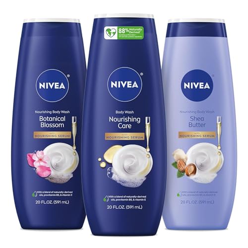 NIVEA Nourishing Body Wash Set with Botanical Blossom, Nourishing Care and Shea Butter Body Washes, Skin Care Set for Women with Provitamin B5 and Vitamin E, 20 Fl Oz Bottle, Pack of 3