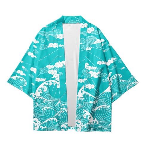 AMOMA Men Japanese Kimono Lightweight Loose Breathable Casual Cardigan Coat Top Yukata Jacket(3XL,WaveBlue)