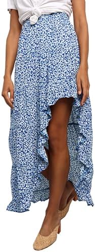 BTFBM Women 2026 Spring Summer Long Skirts Dress Boho Floral Elastic Waist Split Ruffle High Low Beach Maxi Skirt Clothes