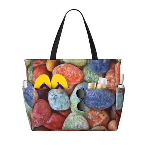 Grand sac de plage à motif pierres colorées, le cabas idéal pour l'été