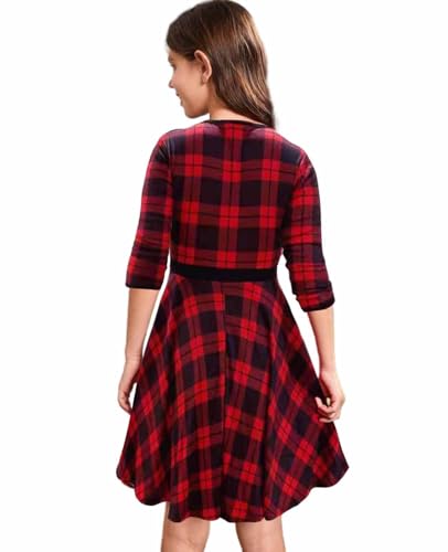 Girls Christmas Dress 3/4 Sleeve Buffalo Plaid Casual Holiday Party Twirl Dresses with Pockets,6-12 Years2