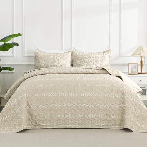 Image of Andency Beige Twin Quilt Set, 2 Pieces Boho Lightweight Soft Striped Bedspread for All Season (68 inchx86 inch), Printed Bohemian Polyester Reversible Coverlet Comoforter Sets