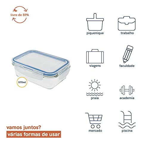 POTE HERMÉTICO DE VIDRO COM TAMPA TRANSPARENTE RETANGULAR 570ML - OIKOS