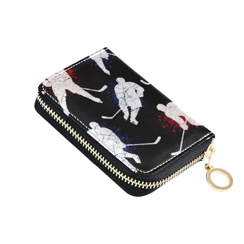 Funny Hockey Players Wallets for Women Small Credit Card Protector RFID Blocking Leather Travel Wallet with Zipper
