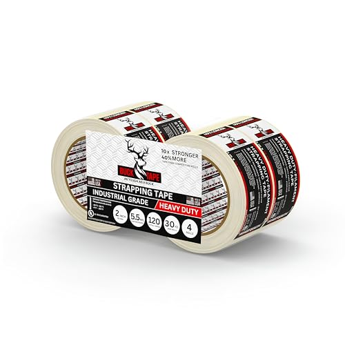 4 Pack Buck Strapping Tape 2 Inch x 30 Yds (90ft), 5.5 Mil – Heavy Duty Fiberglass Tape, Filament Tape, Reinforced Packing Tape with Synthetic PET Adhesive for Bundling, Shipping &amp; Palletizing