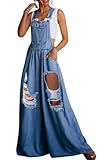 chouyatou Women's Loose Adjustable Strap Wide Leg Denim Bib Overall Jeans Pants (Medium, Rip Blue)