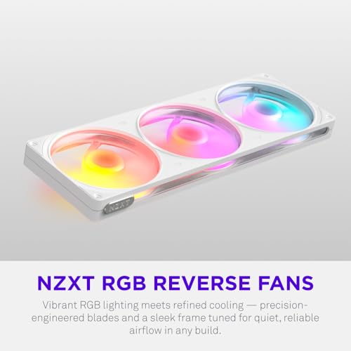 Image of NZXT F360 RGB Reverse - 360mm Single-Frame Reverse Fan - White | 360mm single-frame unit with three 120mm reverse-blade PWM RGB fans. Clean airflow for show-side builds.