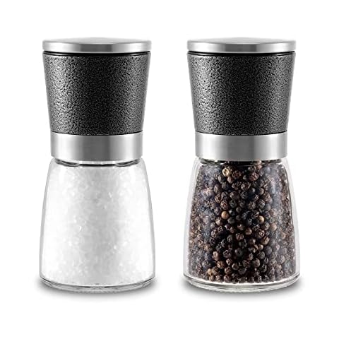 Premium Sliver and Black Modern Style Salt and Pepper Grinder Set, Glass Bottle Container and refillable Spice Grinder, Ceramic Core Spice Grinders Easy Adjustable Coarseness Cover