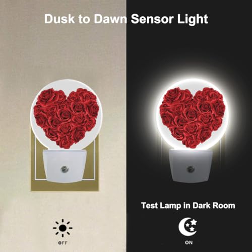 Image of Rose Night Light Rose Flowers in Heart Shape Valentine's Day Night Lights Plug into Wall for Boys Girls, Plug-in Nightlight 0.5W LED Lighting for Stairway Hallway Bedroom