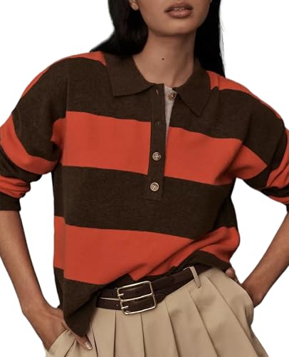 Women Striped Sweater Long Sleeve Lapel Polo V Neck Strip Knit Pullover Casual Layer Top Jumper Y2K Shirt Khaki