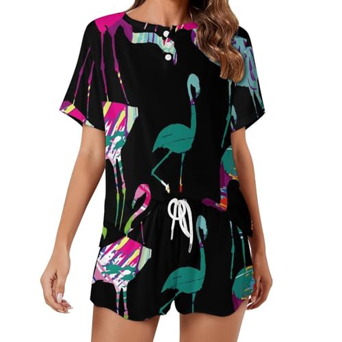 Pyjama femme manches courtes vêtements de nuit été sleepwear flamant rose