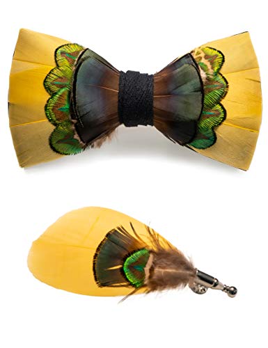 fashion bow ties for men - RBOCOTT Handmade Feather Pre-tied Yellow Bow tie and Brooch Sets for Men (15)