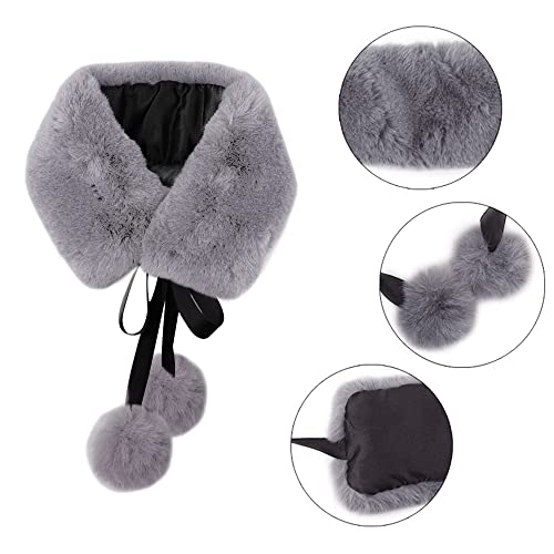 Women Winter Warm Soft Faux Fur Scarf Self Tie Ribbon Pom Pom Collar Warp Neck Warmer2