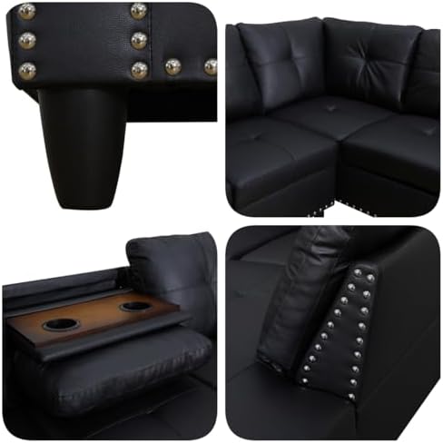 Sectional Couches for Living Room with Movable Chaise & Storage Ottoman - 97.5" Leather L Shaped Couches for Living Room Apartment, Home Modular Sectional Sofas with Cup Holder, Black - Thumbnail 4