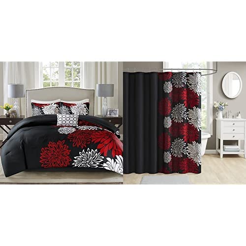 Comfort Spaces Enya Comforter Set-Modern Floral Bedding, Queen(90"X90"), Red/Black & Enya Bathroom Shower Floral Printed Cute Chic Microfiber Fabric Bath Curtains, 72"X72", Red/Black #TOP12