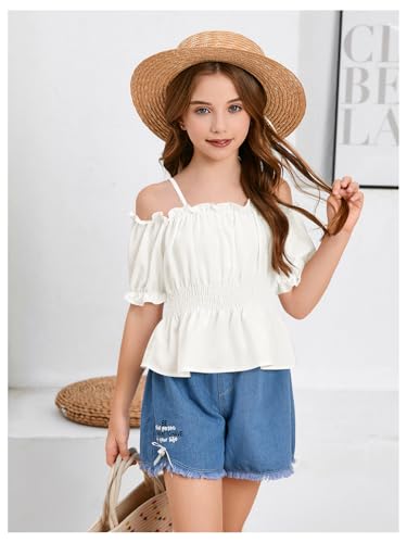 WDIRARA Girls Cold Shoulder Top Cute Ruffle Trim Puff Sleeve Shirt Casual School Holiday Peplum Blouse2