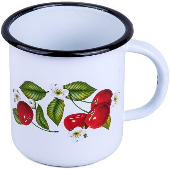 Cherry Enameled Stainless Steel Mug Set of 2 Pcs 13.5 pz and 33.8 oz, Enamel Camper Coffee Mugs, Travel Mugs, Enamel Mugs, Tea Mug for Indoors and Outdoors, Camp Drinking Cups, Campfire Mug, White