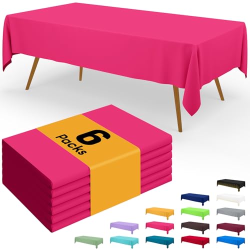 Image of Smiry Disposable Table Cloth - 6 Pack, 54 x 108 Inch Waterproof Rectangle Tablecloths for Parties, Decorative Plastic Table Cover, Leakproof & Sturdy, Hot Pink