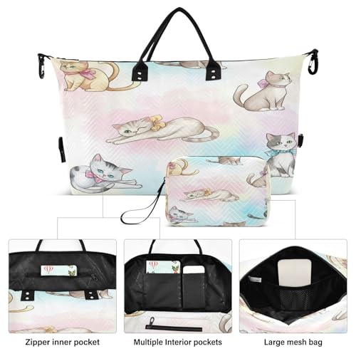 Large Foldable Travel Duffel Bag, Waterproof Gym Bag for Men & Women, Carry-On Luggage Weekender Overnight Bag, Bow Cat Watercolor2