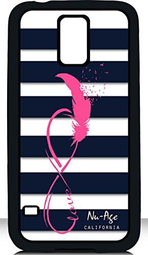 Deal Market LLC -Stylish Striped Nautical Infinity Ove Feather with Birds Infinity Symbol Navy Blue and Hot Pink Colors Samsung S5 Rubber Silicone Case Includes Screen Protector