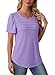 Womens Short Sleeve Tops Dressy Casual Summer Tshirts Shirts Fashion Trendy Pleated Plus Size Women Blouses Plain Round Neck Purple M