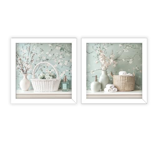 Kit 2 quadros 18x18 cm, banheiro, lavabo, flores Menta (Branco)