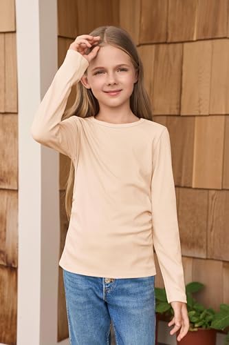 Image of Haloumoning Girls Long Sleeve Shirts Crewneck Ruched Side Slim Fit Tops Ribbed Knit Casual Tee Shirt 4-15 Years