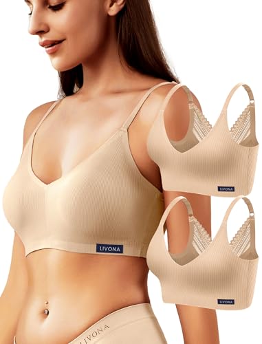 Image of Livona Lace Bralette for Women - Comfort Sports Bra Wireless Padded Bralette with Support Workout Tops Cami Crop S-XXL
