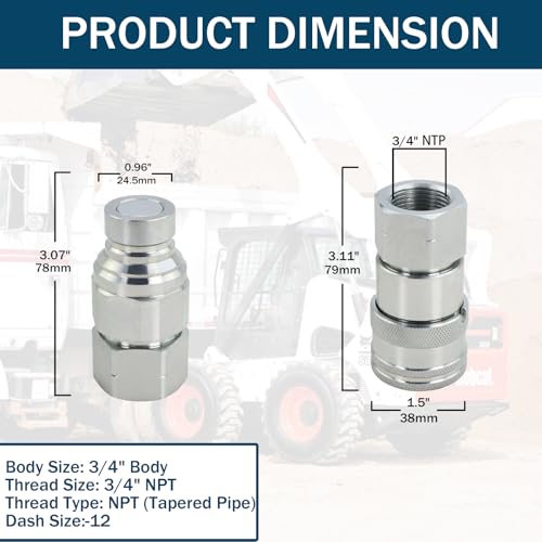Image of 3 /4 inch Skid Steer Flat Face Hydraulic Quick Connect Couplers with Dust Covers - Compatible with Parker FE Series | Safeway FFE49 Series | Faster FFH Series
