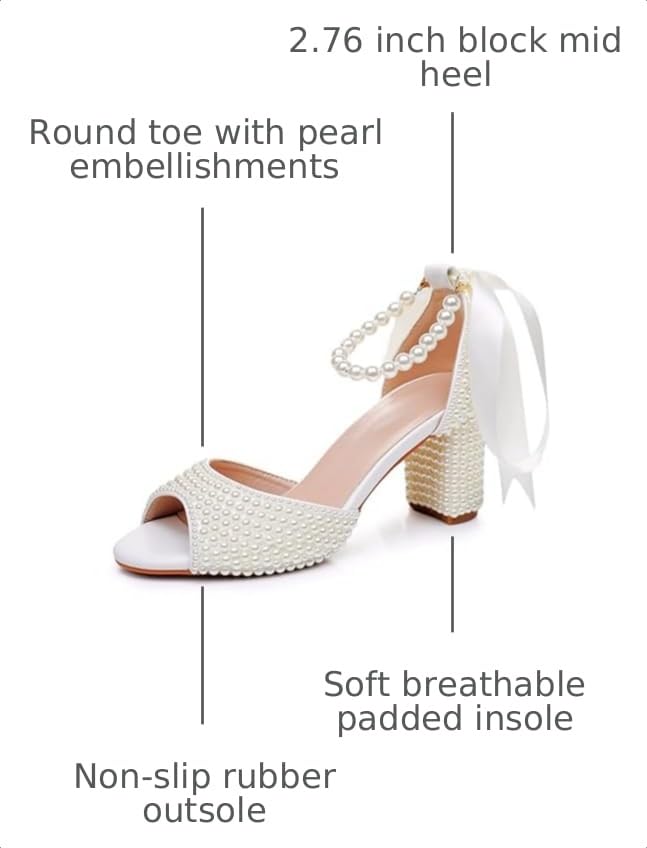 Image of Goolita Pearl Heels For Women Mid Block Ankle Strap Heeled Sandals Round Open Toe Party Evening Bridal Shoes For Wedding