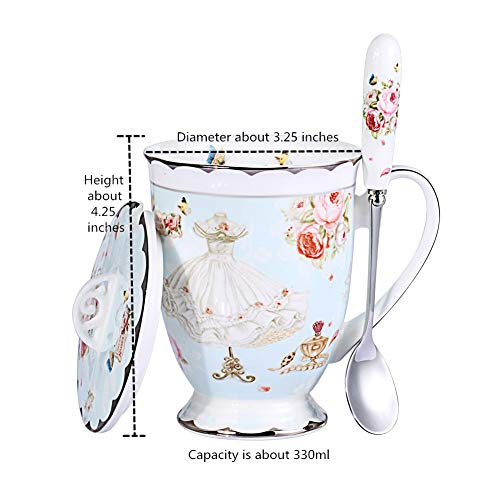 AWHOME Tea Cup and Lid and Spoon Set Royal Fine Bone China Coffee Mug 11oz Light Blue TeaCups