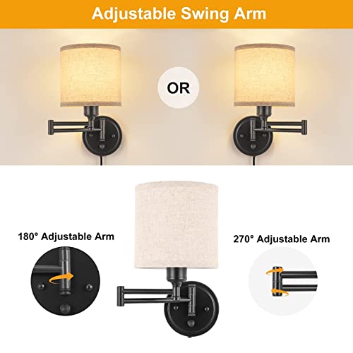 Encomli Dimmable Plug In Wall Sconces, Swing Arm Wall Lamp With Plug In Cord, Wall Sconces Set Of Two, Plug In Wall Light, Linen Fabric Shade, 2Pcs Bulbs Included #TOP6