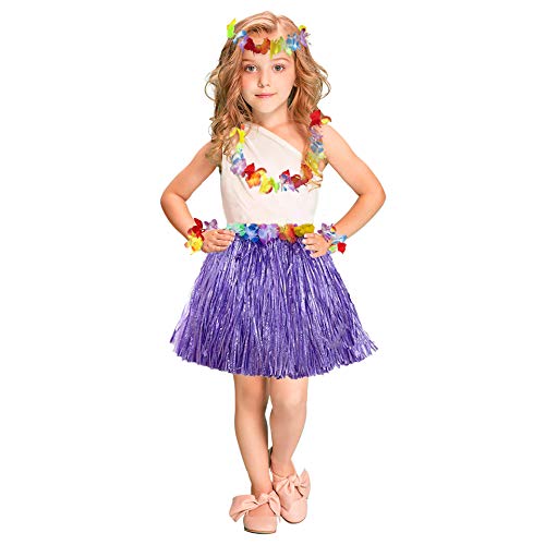 Girl's Elastic Hawaiian Hula Dancer Grass Skirt With Flower Costume Set -Purple Birthday Tropical Party Decorations #TOP7