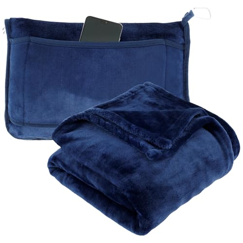 JETHMA Travel Blanket for Airplane, 2 In 1 Soft Airplane Blanket Flannel Travel Blanket Pillow with Luggage Strap and Buckle Portable Compact Flight Blanket for Cars Airplanes Camping 63x39 (Navy)