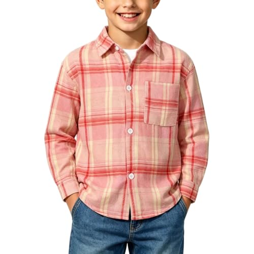 Boys Long Sleeve Plaid Flannel Shirts with Chest Pocket Pink | Fashion Fall Shirt Coats for Kids Daily School Outfits Button Down Lapel Blouses Tops - image 1