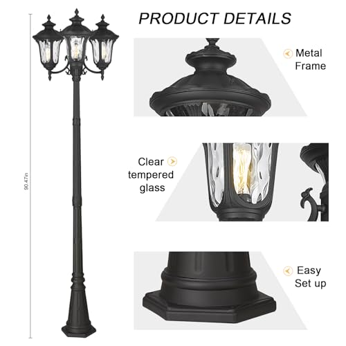 Outdoor Lamp Post Light, Black Outside High Pole Light 3-Head Waterproof Modern Exterior Street Lamp Road Lighting Fixture for Garden, Backyard, Patio, Lawn, Pathway, Driveway - Image 3