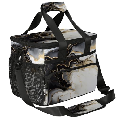 Golden Marbling Insulated Picnic Backpack Lunch Box for Women Men Picnic Basket Tote Lunch Bag Picnic Bag Portable Lunch Bags for Picnic, Beach, Work, Trip,Office, Camp Black Marble Texture