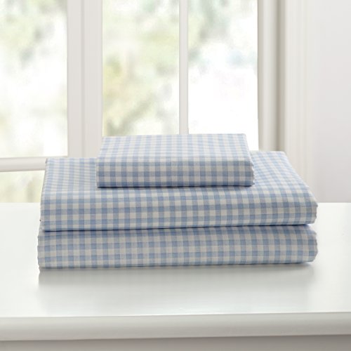 Laurel & Mayfair 250 Thread Count 100% Cotton Gingham Sheet Set Queen Size - Blue and White Checkered Percale, 4 Piece Set Includes Flat Sheet, Fitted Sheet & 2 Pillowcases, Cool Crisp All Season