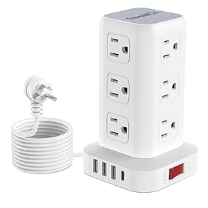 PD20W Power Strip Tower Surge Protector Power Strip with USB 12 Outlets with 4 USB Ports (1 USB C), Flat Plug 10FT Extension Cord Multi Plug Outlet Extender Overload Protection for Home Office