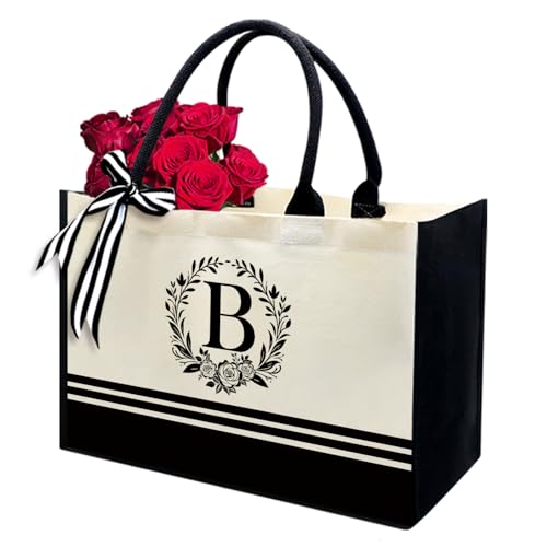 Image of Personalized Initial Canvas Tote Bags, Monogrammed Tote Bag Gifts for Women Teacher Friend for Birthday Wedding