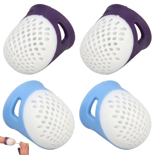 4 PCS Silicone Thimbles for Hand Sewing, Rubber Finger Thimbles in 2 Sizes, Silicone Thimble Finger Protectors for Quilting, Embroidery, Needlework & DIY Crafts (Blue & Purple)