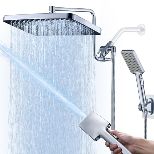 Polished Chrome 13 Inch Shower Head Combo - High Pressure Waterfall Rain Shower Head With Handheld Spray, 12 Inch Extension Arm