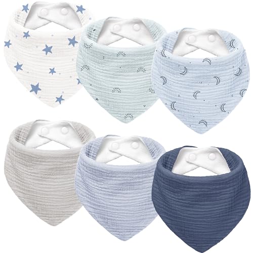 Susurration Muslin Baby Drool Bibs 6Pack Soft Triangular Adjustable Baby Bandana Bibs for Unisex Baby Girls & Boys(Star&Moon)