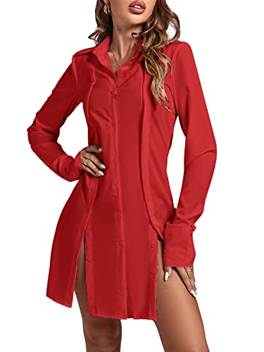 LYANER Women's Lapel Collar Buttons Down Side Slit Long Sleeve Mini Shirt Dress3