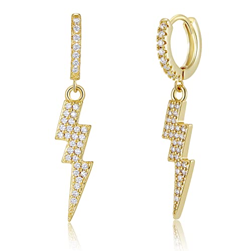 18k Gold Plated Earrings Iced Out Earrings Gold Punk Lightning Diamond Huggie Hoop Earrings Cubic Zirconia Lightning Bolt Dangle Earrings for Men Women Gifts