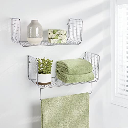 Mdesign Metal Wire Farmhouse Wall Decor Storage Organizer Shelving Set - 1 Shelf With Towel Bar For Bathroom, Laundry Room, Kitchen, Garage - Wall Mount, 2 Pieces - Chrome #TOP2