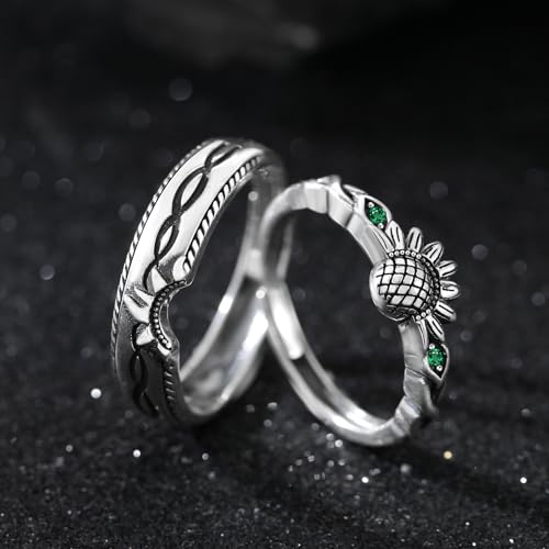Promise Ring for Couples Wedding Engagement Band Emerald Sunflower Matching Rings Him and Her Sterling Silver Adjustable Couple Jewelry3