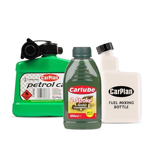 Image of Carlube 2-Stroke Garden Machinery Oil, CarPlan 5L Fuel Can, Unleaded Petrol (Green) + CarPlan 2-Stroke Fuel Mixing Bottle 1L