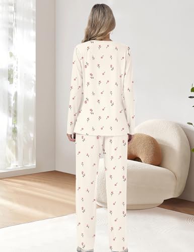 Rapbin Schlafanzug Damen Lang Pajamas Set Zweiteiliger Schlafanzüge für Damen Langarm Nachtwäsche Schlafhose mit Taschen Loungewear Sleepwear Hausanzug für Herbst Winter(Rosa Rose M)